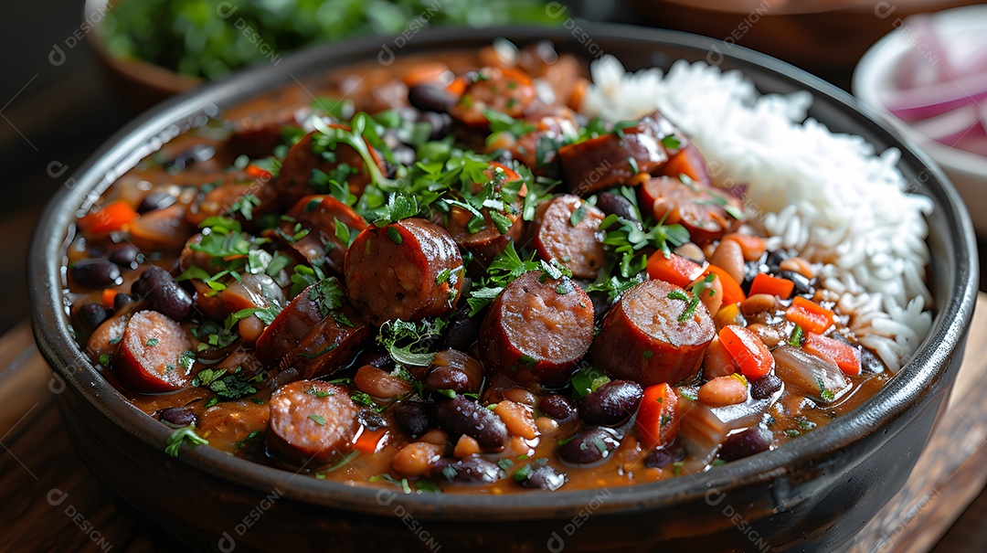 Deliciosa feijoada sobre uma mesa de madeira