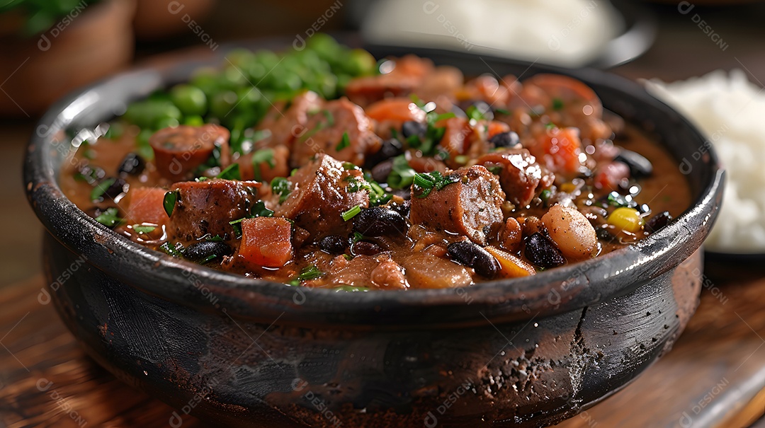 Deliciosa feijoada sobre uma mesa de madeira
