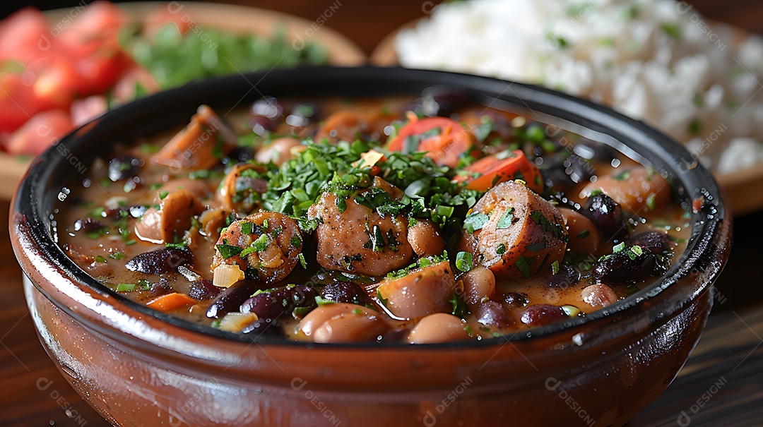 Deliciosa feijoada sobre uma mesa de madeira