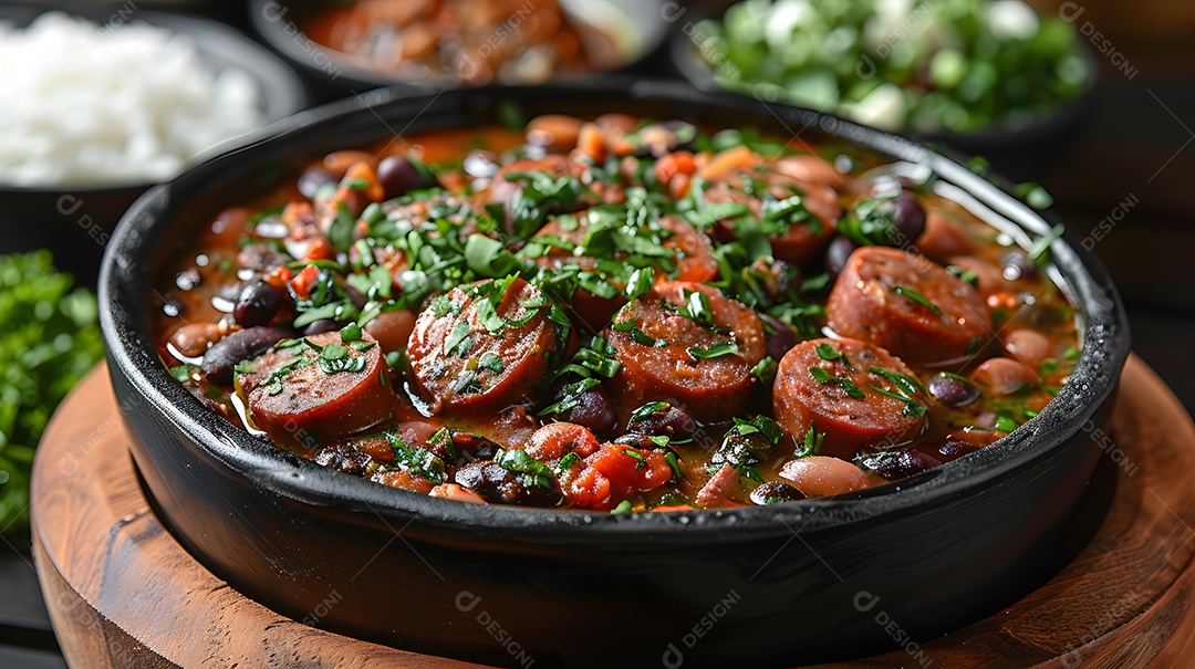 Deliciosa feijoada sobre uma mesa de madeira