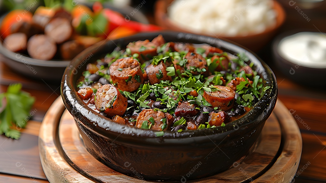 Deliciosa feijoada sobre uma mesa de madeira