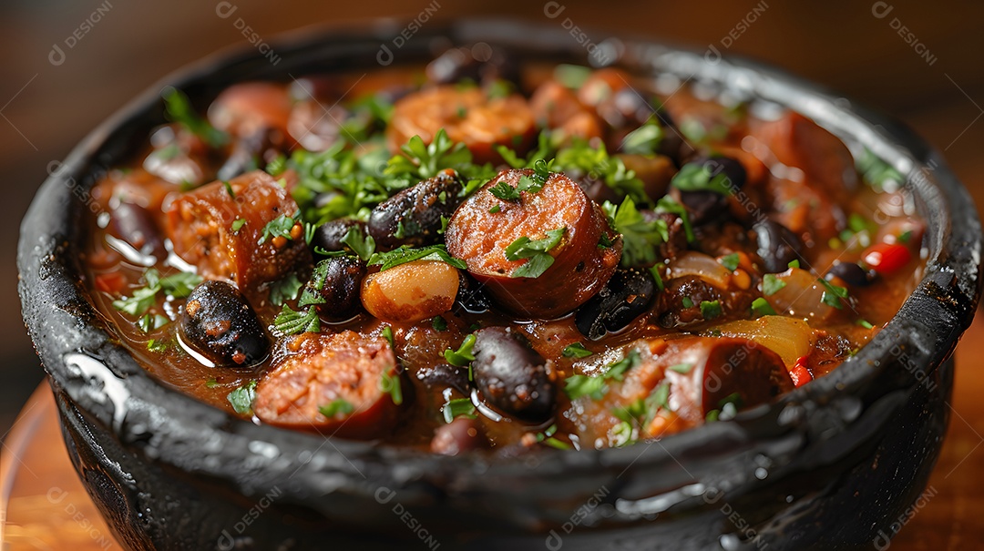 Deliciosa feijoada sobre uma mesa de madeira