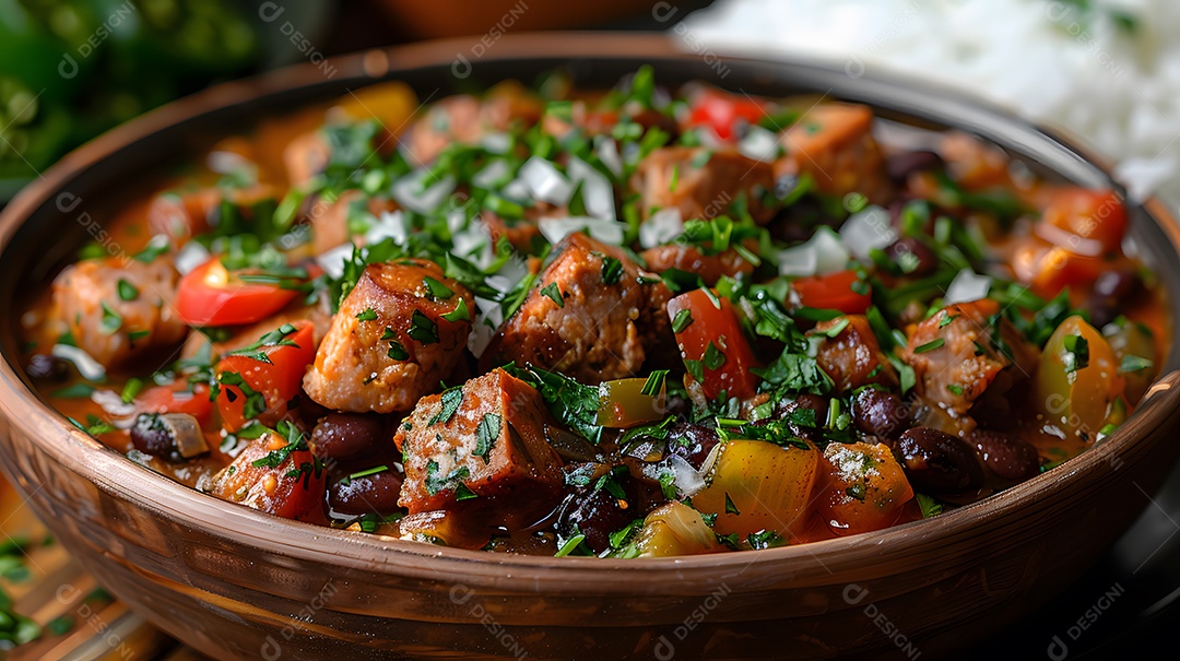 Deliciosa feijoada sobre uma mesa de madeira
