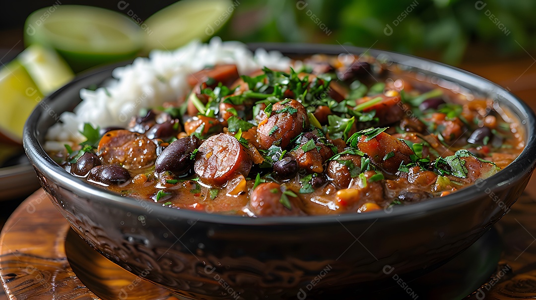 Deliciosa feijoada sobre uma mesa de madeira