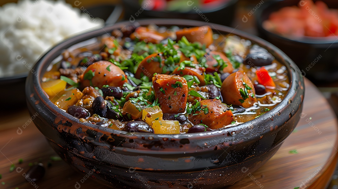 Deliciosa feijoada sobre uma mesa de madeira
