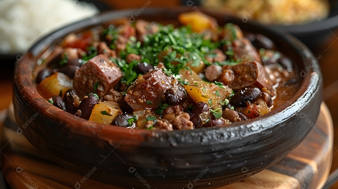 Deliciosa feijoada sobre uma mesa de madeira