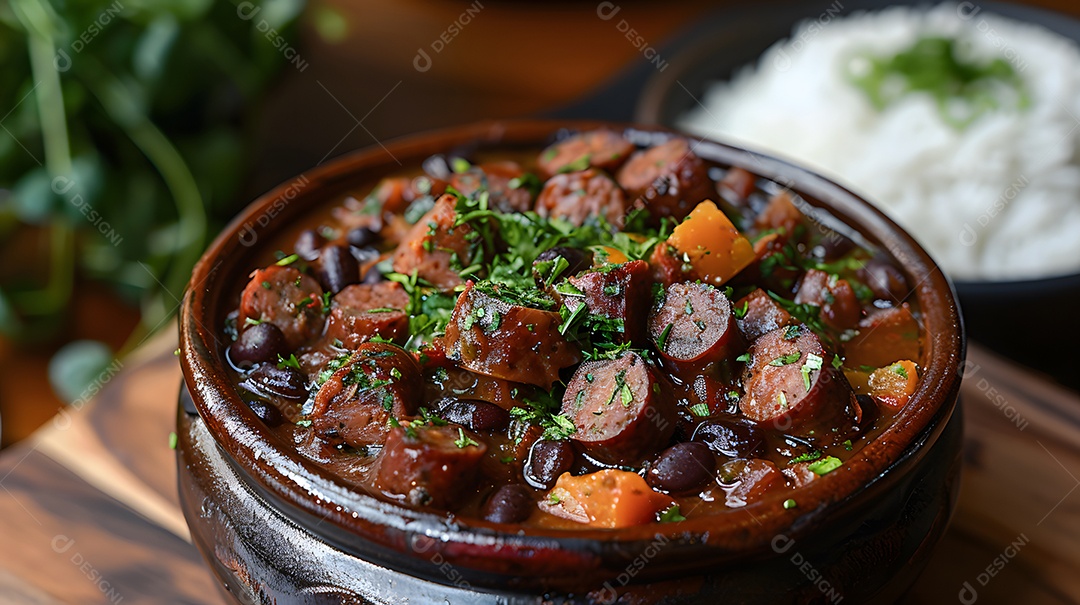 Deliciosa feijoada sobre uma mesa de madeira