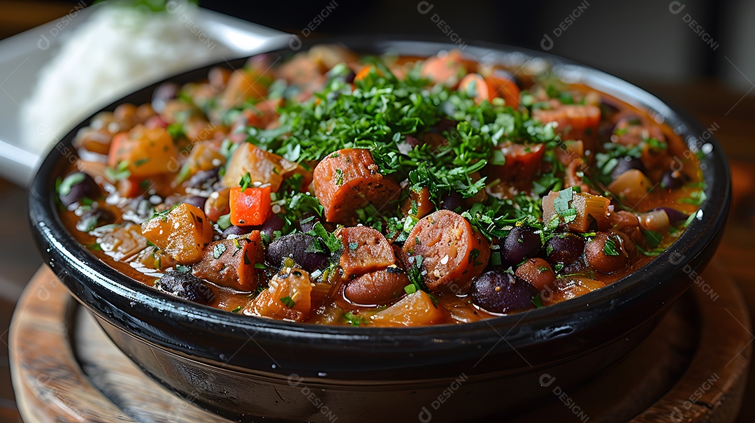 Deliciosa feijoada sobre uma mesa de madeira