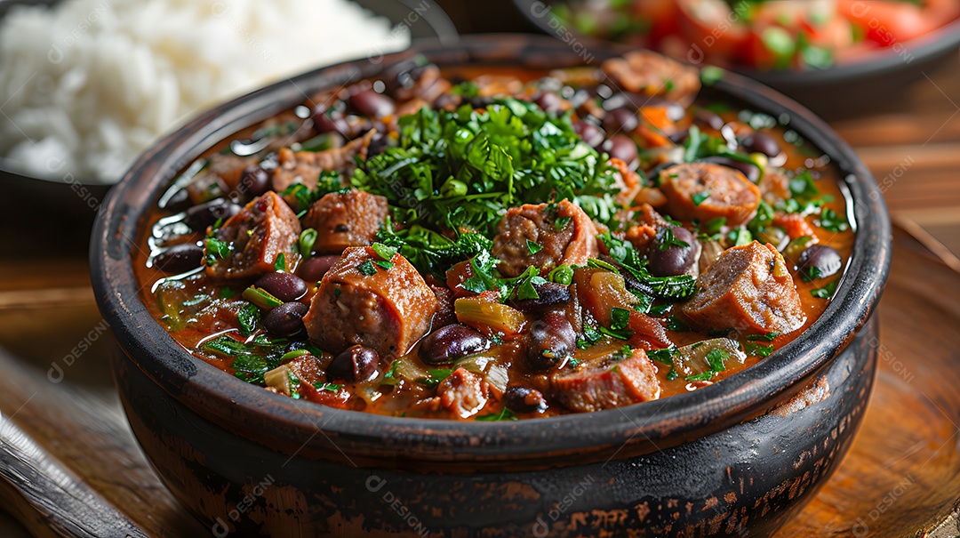 Deliciosa feijoada sobre uma mesa de madeira