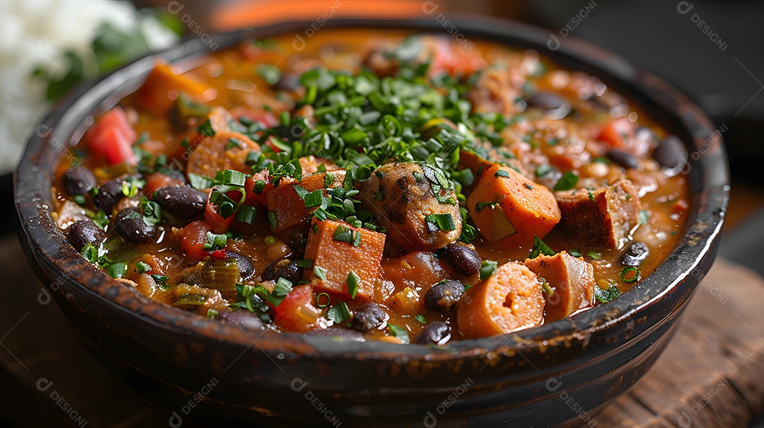 Deliciosa feijoada sobre uma mesa de madeira