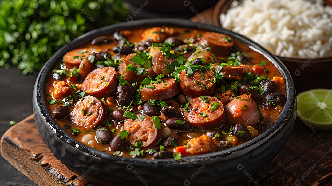 Deliciosa feijoada sobre uma mesa de madeira