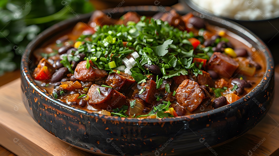 Deliciosa feijoada sobre uma mesa de madeira