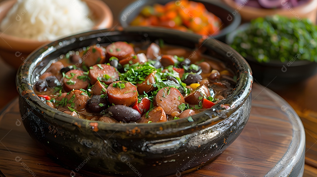 Deliciosa feijoada sobre uma mesa de madeira