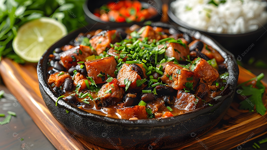 Deliciosa feijoada sobre uma mesa de madeira