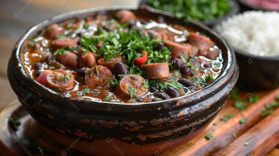 Deliciosa feijoada sobre uma mesa de madeira