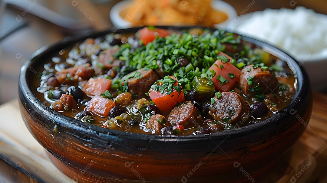 Deliciosa feijoada sobre uma mesa de madeira