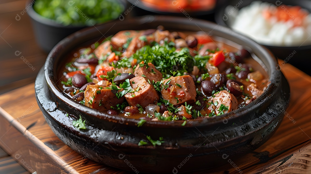 Deliciosa feijoada sobre uma mesa de madeira
