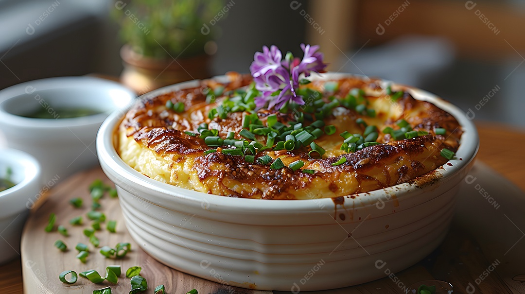 Cottage pie sobre uma mesa de madeira