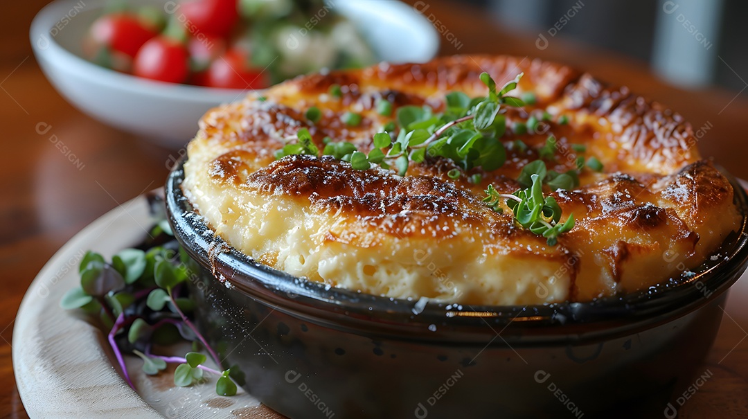 Cottage pie sobre uma mesa de madeira