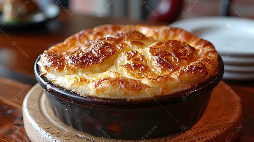 Cottage pie sobre uma mesa de madeira