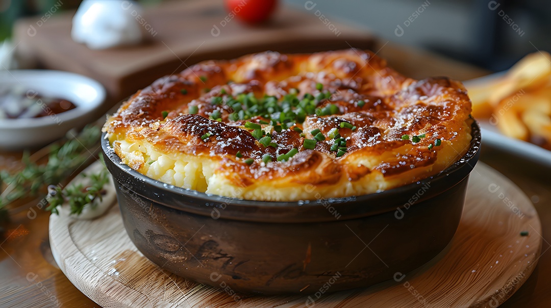 Cottage pie sobre uma mesa de madeira