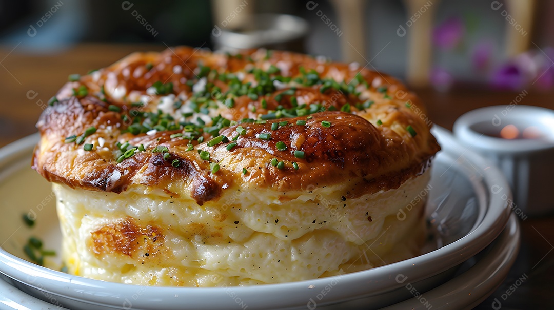 Cottage pie sobre uma mesa de madeira