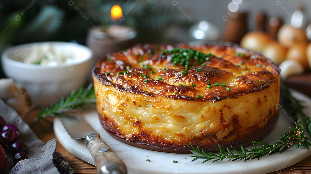 Cottage pie sobre uma mesa de madeira