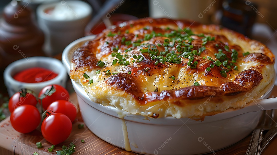 Cottage pie sobre uma mesa de madeira