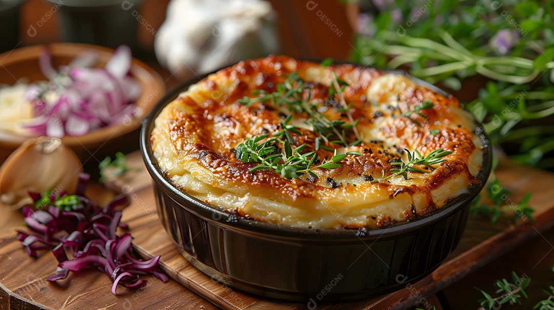 Cottage pie sobre uma mesa de madeira