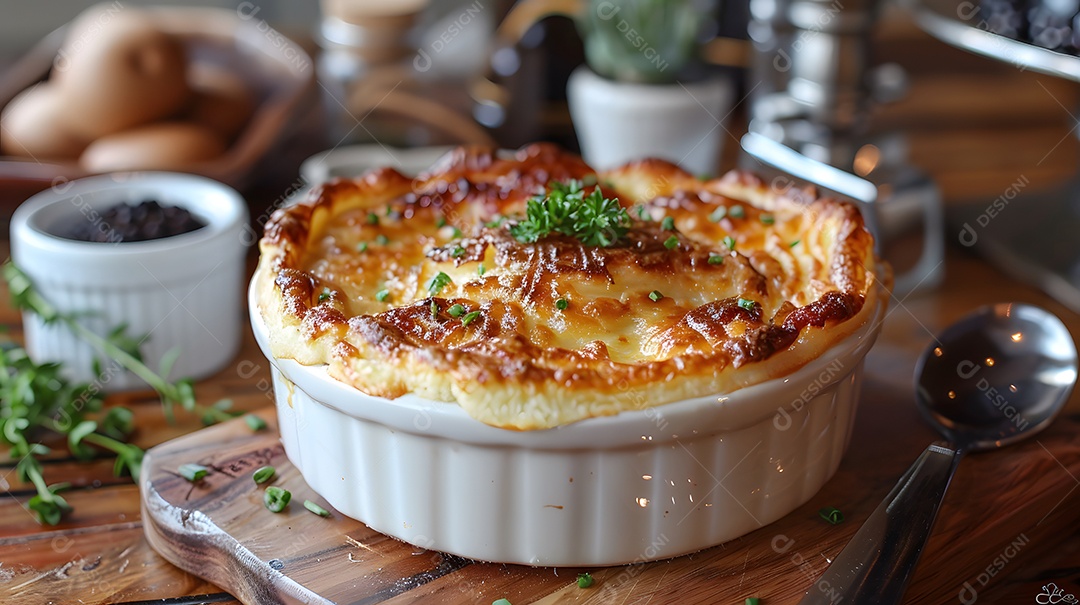 Cottage pie sobre uma mesa de madeira