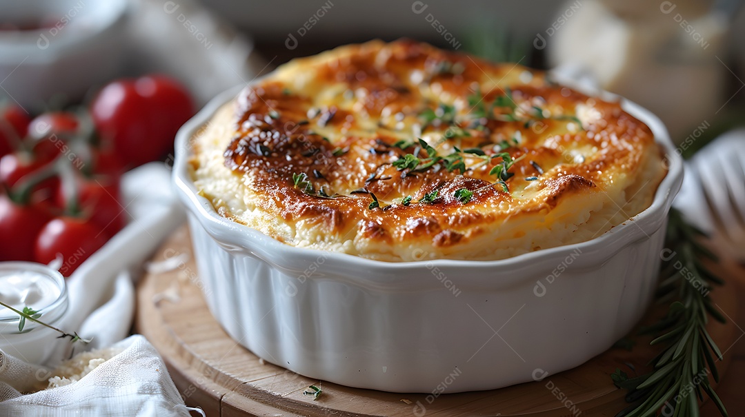 Cottage pie sobre uma mesa de madeira