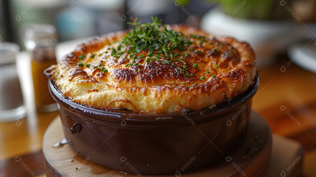 Cottage pie sobre uma mesa de madeira