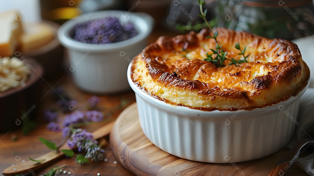 Cottage pie sobre uma mesa de madeira