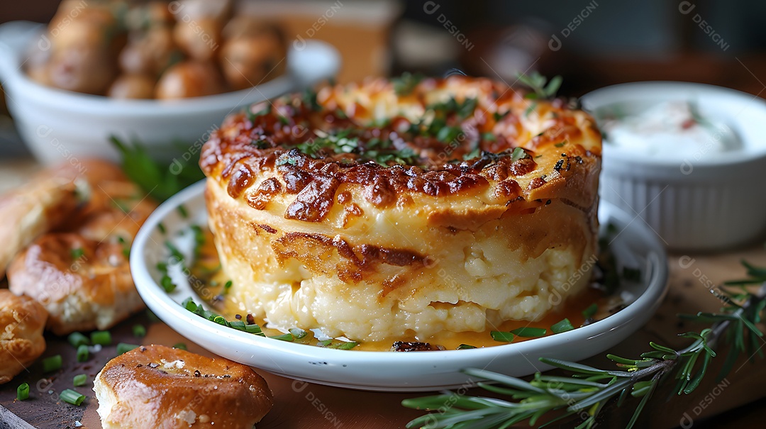 Cottage pie sobre uma mesa de madeira
