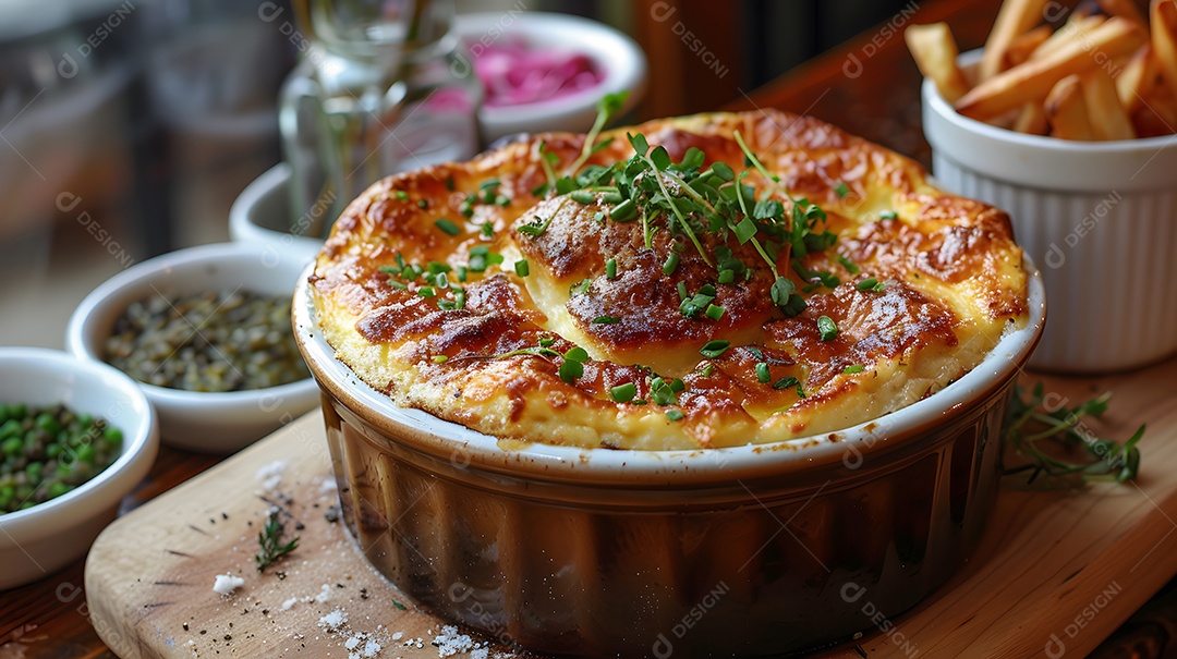 Cottage pie sobre uma mesa de madeira