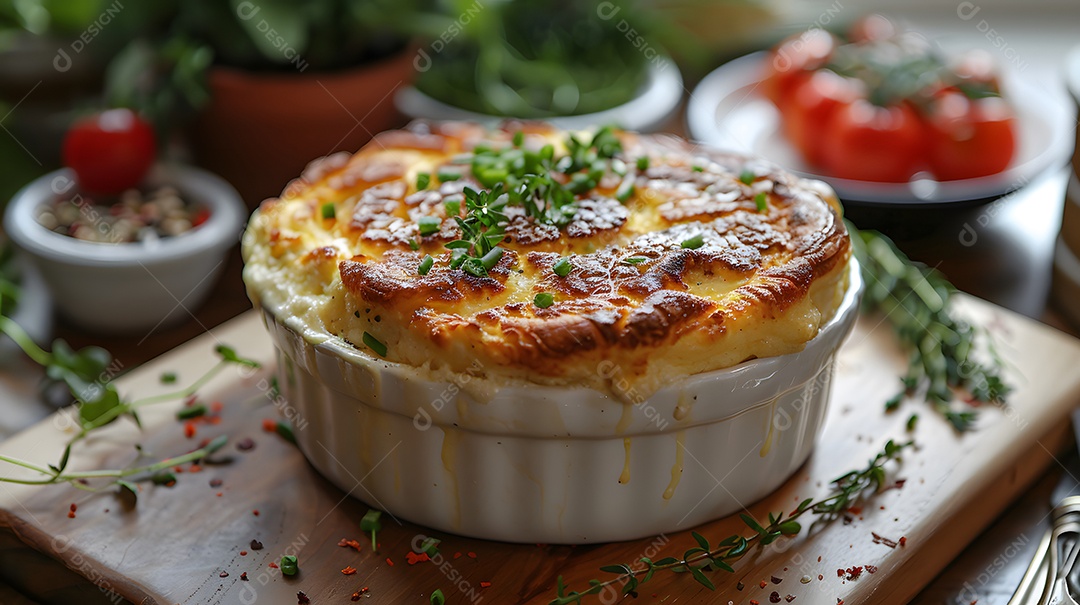 Cottage pie sobre uma mesa de madeira
