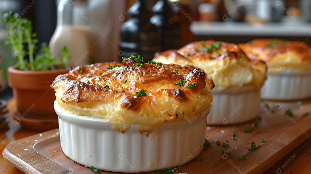 Cottage pie sobre uma mesa de madeira