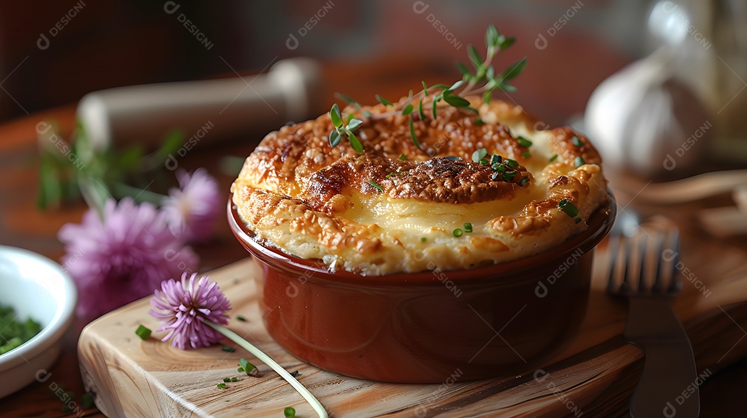 Cottage pie sobre uma mesa de madeira