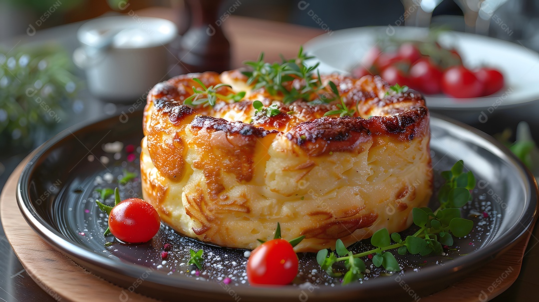 Cottage pie sobre uma mesa de madeira