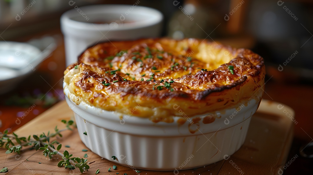 Cottage pie sobre uma mesa de madeira