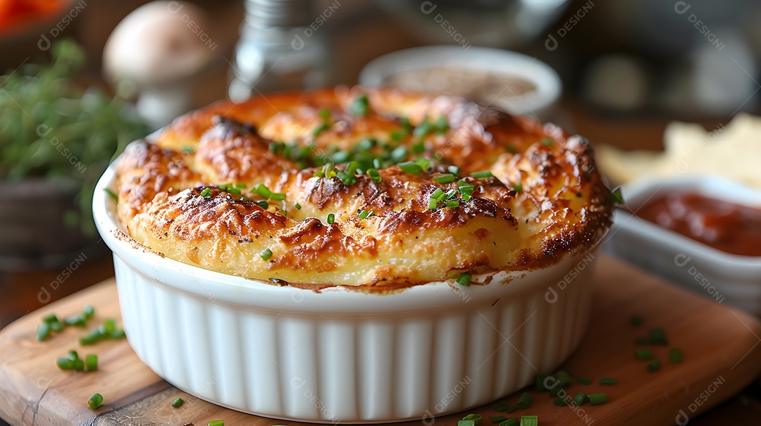 Cottage pie sobre uma mesa de madeira