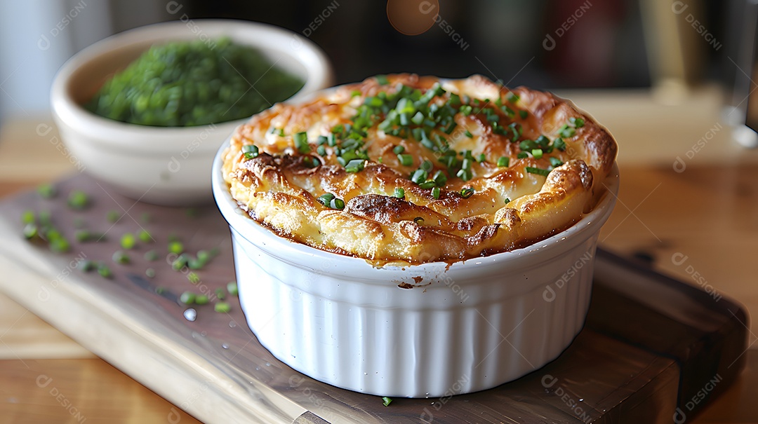 Cottage pie sobre uma mesa de madeira