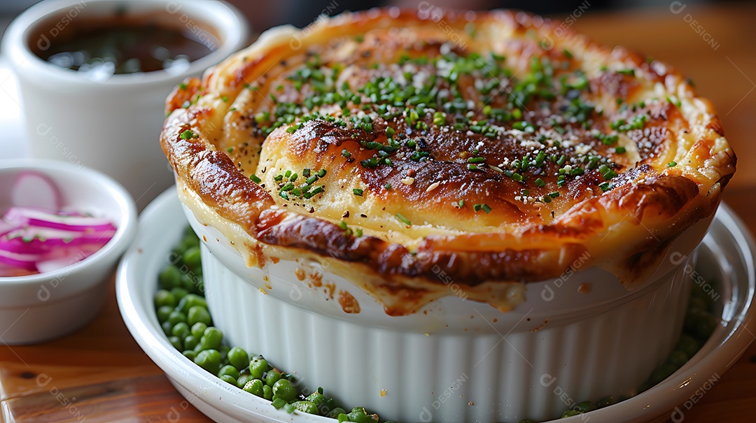 Cottage pie sobre uma mesa de madeira