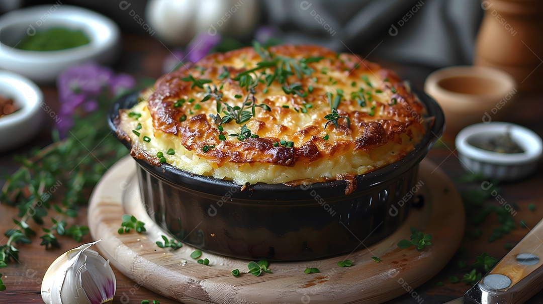 Cottage pie sobre uma mesa de madeira