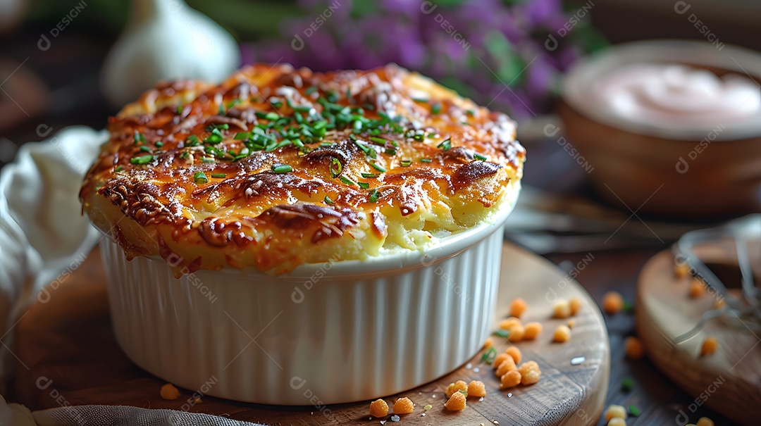 Cottage pie sobre uma mesa de madeira
