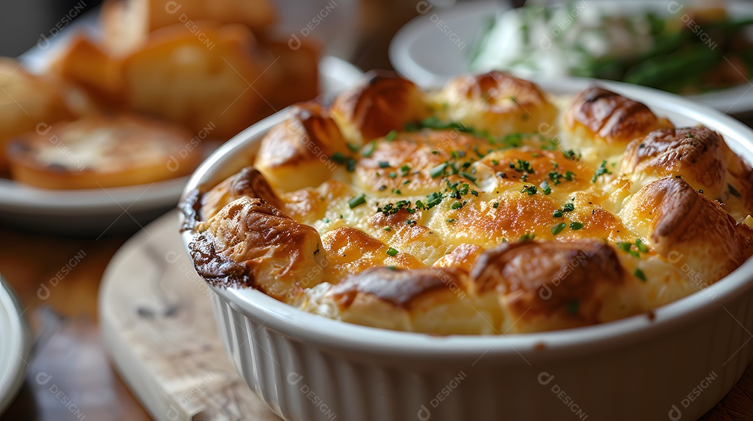 Cottage pie sobre uma mesa de madeira
