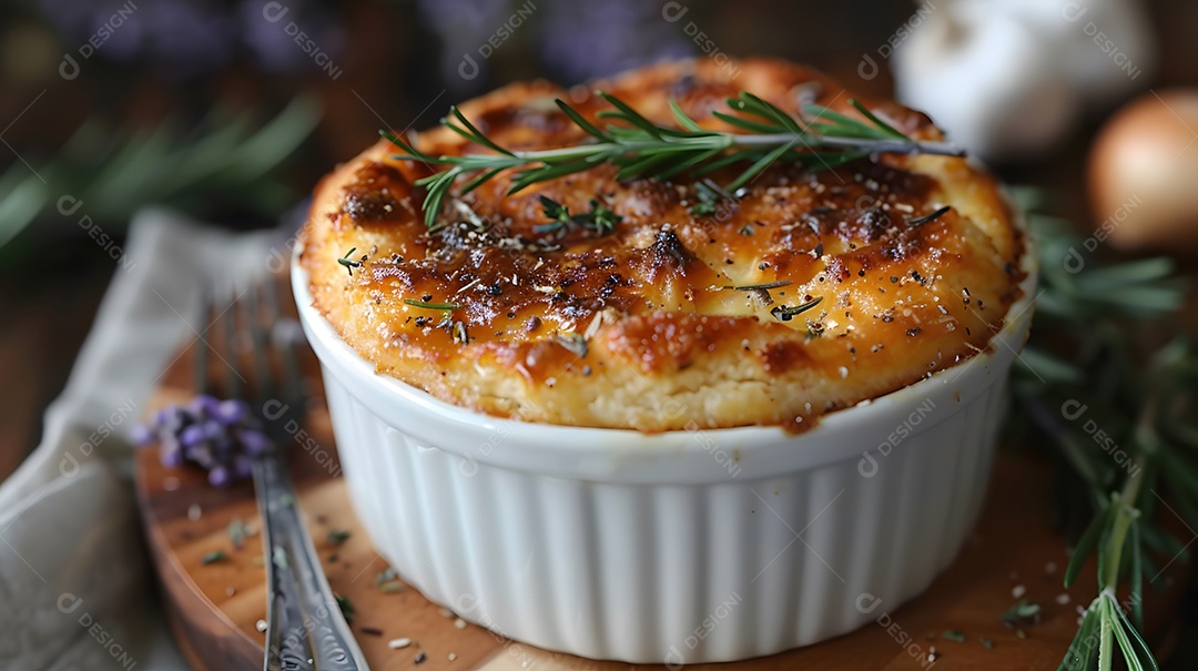 Cottage pie sobre uma mesa de madeira