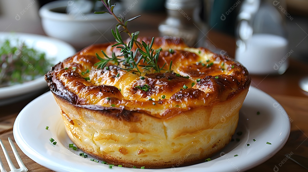 Cottage pie sobre uma mesa de madeira