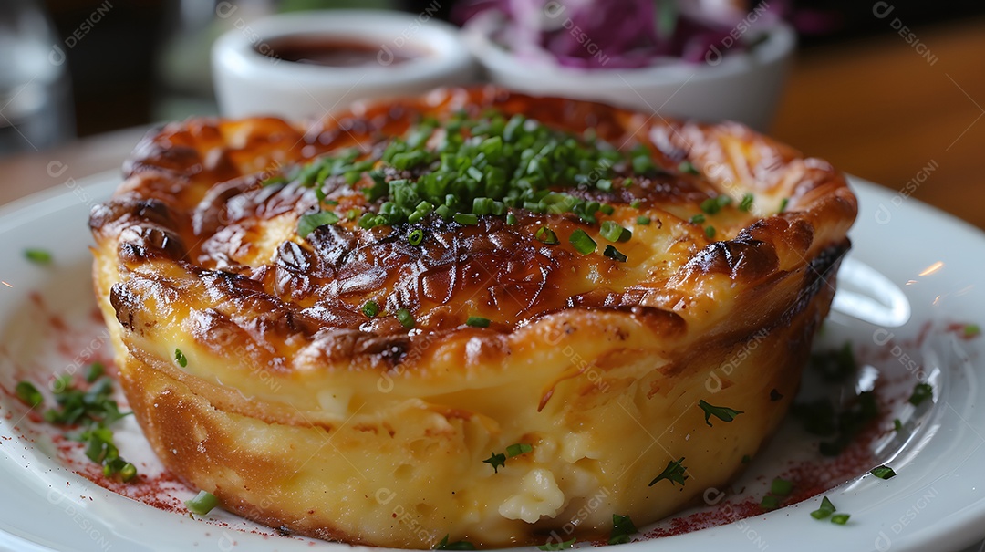 Cottage pie sobre uma mesa de madeira