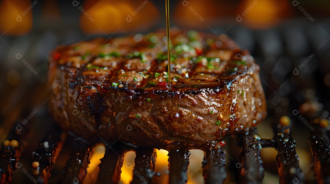 Deliciosa carne grelhada sobre uma mesa de madeira